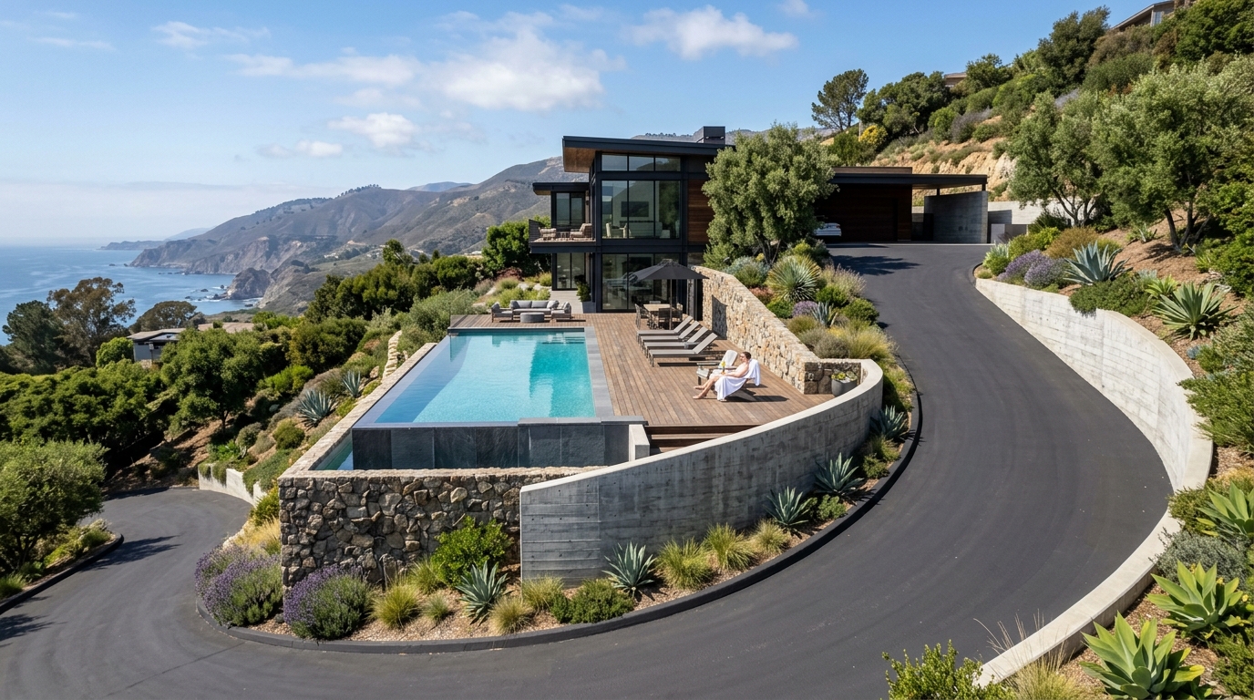 Piscina de luxo e contenção com acesso asfaltado construída pela J.M.
